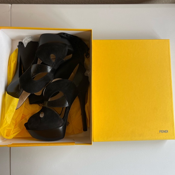 FENDI | SUEDE & LEATHER PLATFORM HEEL PEEP TOE SHOE SANDAL - NIB - Picture 3 of 13